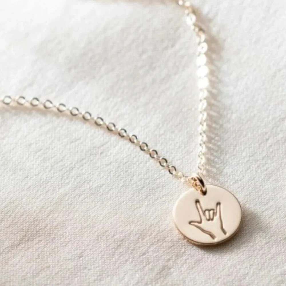 "I Love You" ILY Sign Language Gold Disc Necklace